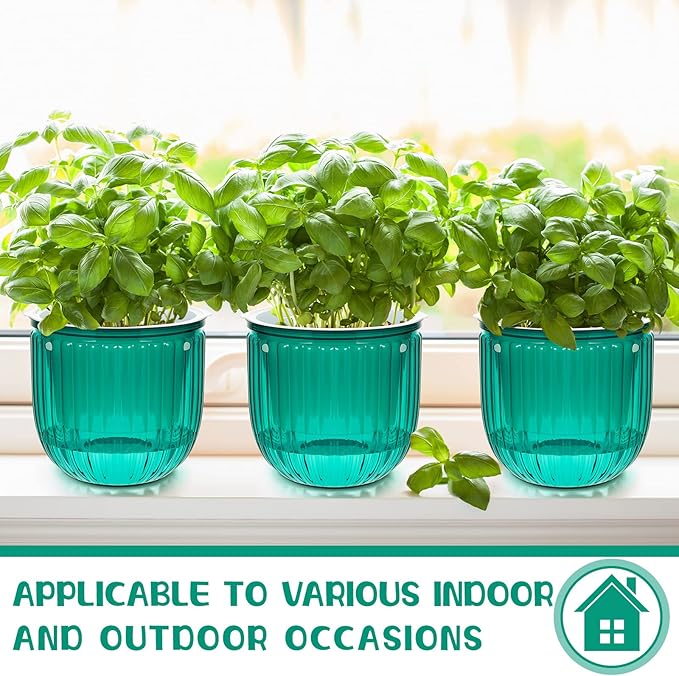 Meanplan 4 Pcs Self Watering Hanging Planter Indoor 6.5 Inch Hanging Baskets for Plants Outdoor Plastic Flower Pot with 3 Hooks Chains Drainage Holes for Garden Home, Medium Size(Emerald)