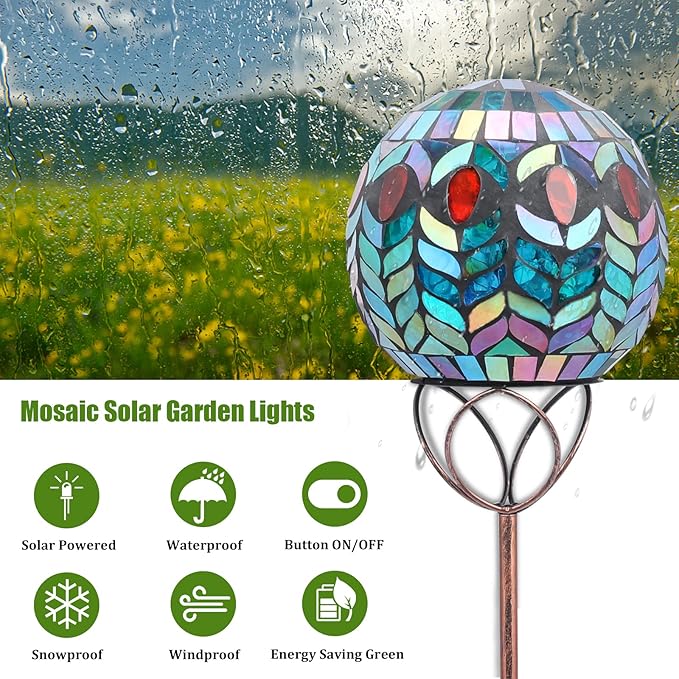 VCUTEKA Solar Outdoor Lights Garden Decor Mosaic Solar Garden Lights Waterproof Glass Ball LED Pathway Stake Light for Landscape Lawn Patio Yard Decoration 6 inch, Colorful