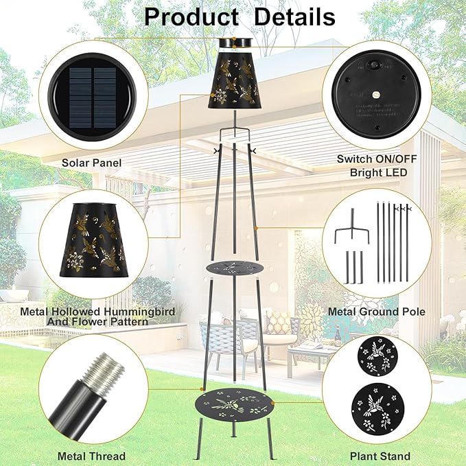47.2'' Outdoor Metal Solar Floor Lamps with 2 Plant Stand Hummingbird Solar Lights Waterproof Solar Powered Street Lights Garden Decorative Lantern for Yard Pathway Deck Patio Porch Driveway Decor