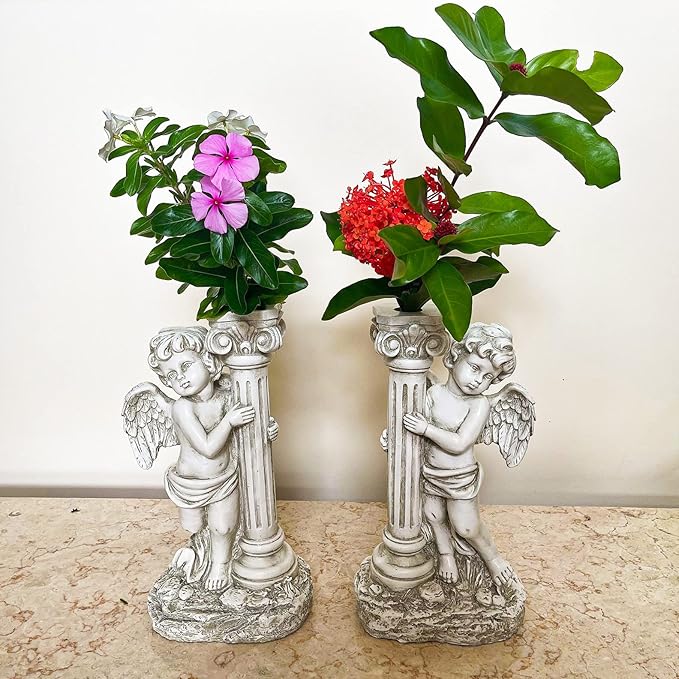 Angel Statue with Solar Lights (Left) 19.7 Inch, Outdoor Solar Angel Garden Statue with Roma Pillar for Garden Lawn Deocr, Christian Religious Gift