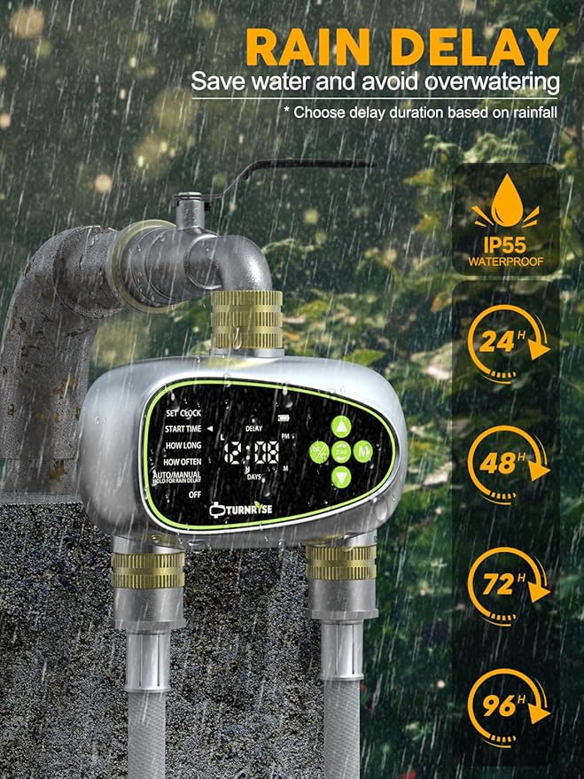 2 Zone Sprinkler Timer with Brass Inlet and Outlet - Water Timer for Garden Hose with Rain Delay/Manual Watering/Automatic Drip Irrigation Controller System for Garden Watering