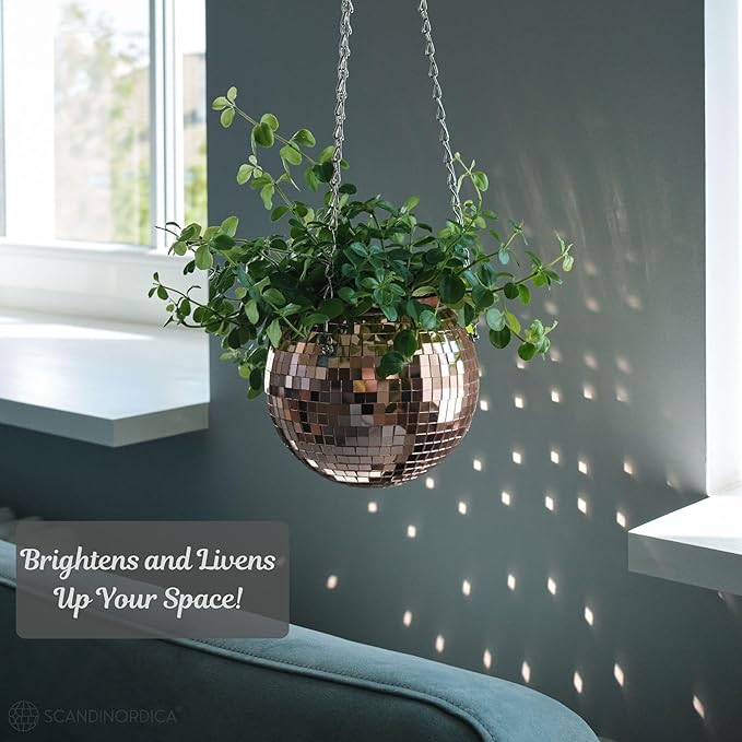 SCANDINORDICA Disco Ball Planter – Value Package: Mirror Disco Planter with Chain, Macrame Hanger and Acrylic Stand for Desk, Includes Self Watering Insert, Plant Gifts | 8 inch Rose Gold