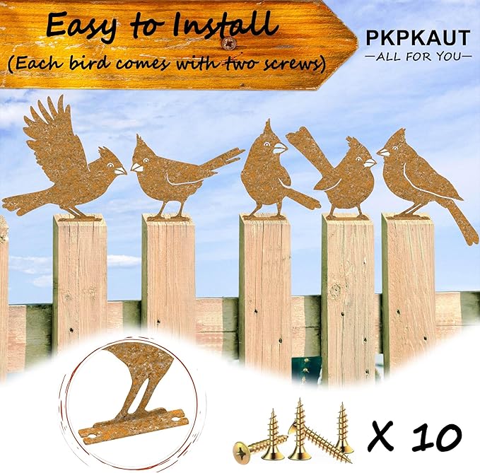 5Pcs Metal Birds Cardinal Craft Statue Ornaments Fence Topper Decor, Rusty Birds Metal Art for Fence Decorations Outdoor, Metal Bird Silhouette with Rusty Yard Art