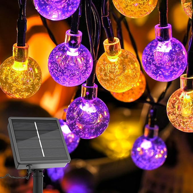 Solar Lights Outdoor Waterproof, Total 36ft 60 LEDs Crystal Globe Lights with 8 Modes, Solar String Lights for Outside, Patio Porch Garden Yard Christmas Wedding Party Decor (Purple and Orange)