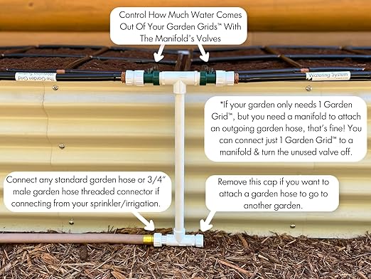 Garden Grid Connection Manifold | 15" Height | Connect Neighboring Garden Grids or Just 1 and/or Daisy-Chain from Manifold to Manifold with Garden Hoses to Connect Many Garden Grids