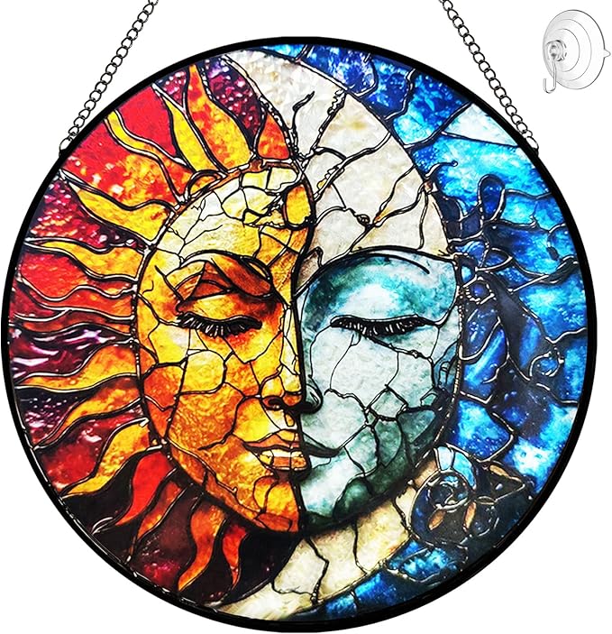 Sun and Moon Decor Stained Glass Window Hanging Suncatchers - Sun Catchers Indoor Window Christmas Decorations - Stained Glass Suncatcher with Hooks and Chain - Celestial Decor Gift for Men Women