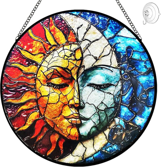 Sun and Moon Decor Stained Glass Window Hanging Suncatchers - Sun Catchers Indoor Window Christmas Decorations - Stained Glass Suncatcher with Hooks and Chain - Celestial Decor Gift for Men Women