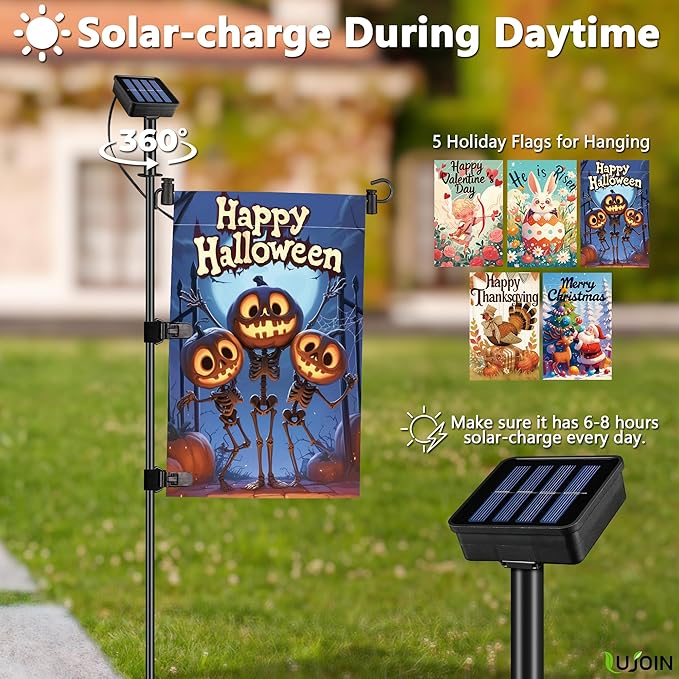 DIY Solar Garden Flag Stand with 5 Holiday Flags, Universal LED Board for DIY a Lighted 12"x18" Flag, Including Valentines Day, Easter Day, Halloween, Thanksgiving Day & Christmas Flags