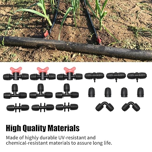 18Pcs Drip Irrigation Fittings Kit, 2 Elbows, 4 End Caps, 3 Tees, 3 Switch Valves, 3 T Connectors, 3pcs 1/2" to 1/4" Reducers, Barbed Locked Nuts Connectors for Watering System