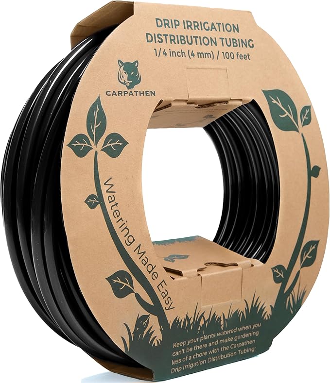 CARPATHEN 1/4 Drip Irrigation Tubing - 100 ft Black Drip Irrigation Hose Perfect for DIY Garden Irrigation System, Hydroponics, Misting Tubing, or as Blank Distribution Tubing for Any Garden Project