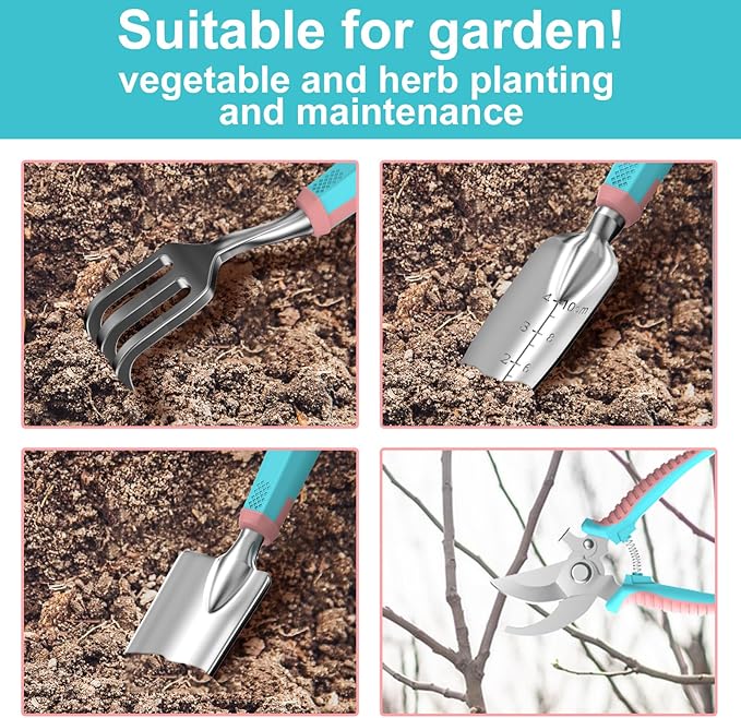 6 Pcs Garden Tool Set, Gardening Hand Tools Aluminum Alloy Starter Kit with Garden Bag, Heavy Duty Outdoor Tool Set with Ergonomic Handle, Gardening Gifts (No Flower Pattern)