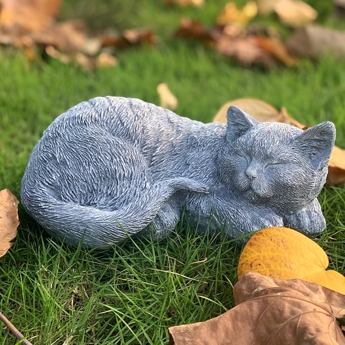 Cat Memorial Stones Garden Decor Statue Outdoor Statues, Cat Figurines Garden Sculpture Garden Decoration, Sleeping Tabby Decor for Patio, Porch and Lawn, Housewarming Gift for Mom