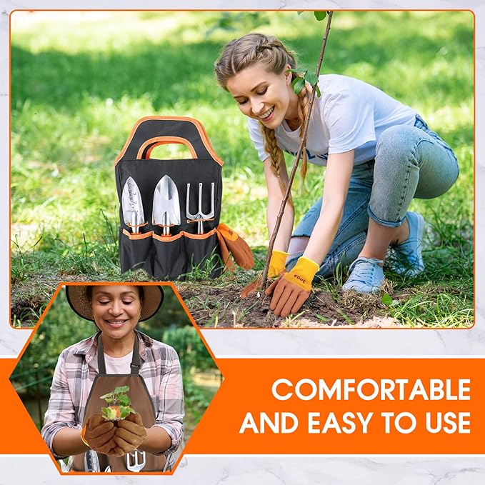 11 Pcs Garden Tool Set Heavy Duty Aluminium Alloy Tools with Ergonomic Handle, Durable Gardening Hand Tools Kit Includes Apron,Storage Tote Bag, Gardening Gifts for Women Men(Orange)