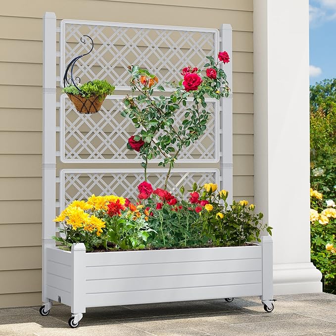 YITAHOME 3.6x1.5x5 FT Planter Box Trellis with Wheels, Large Outdoor Plastic Raised Garden Bed with Drain Plug for Climbing Plants, Grayish-White