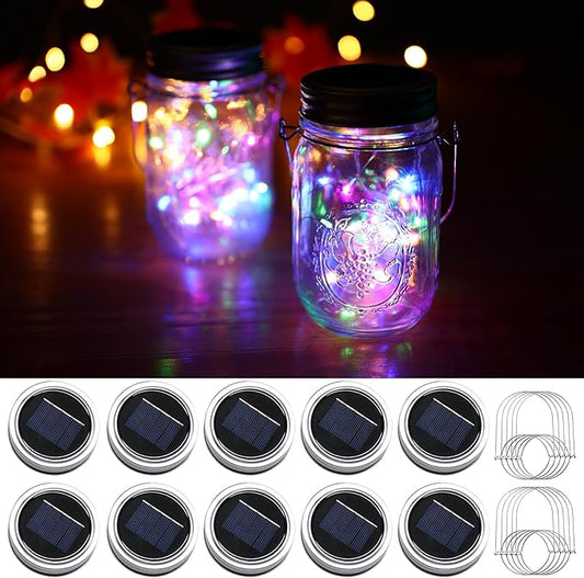 Solar Mason Jar Lid Lights, 10 Pack 30 LED Waterproof String Fairy Star Firefly Jar Lids Lights with Hangers for Patio Garden Yard Lawn Party Wedding Christmas Decoration (Jars Not Included)