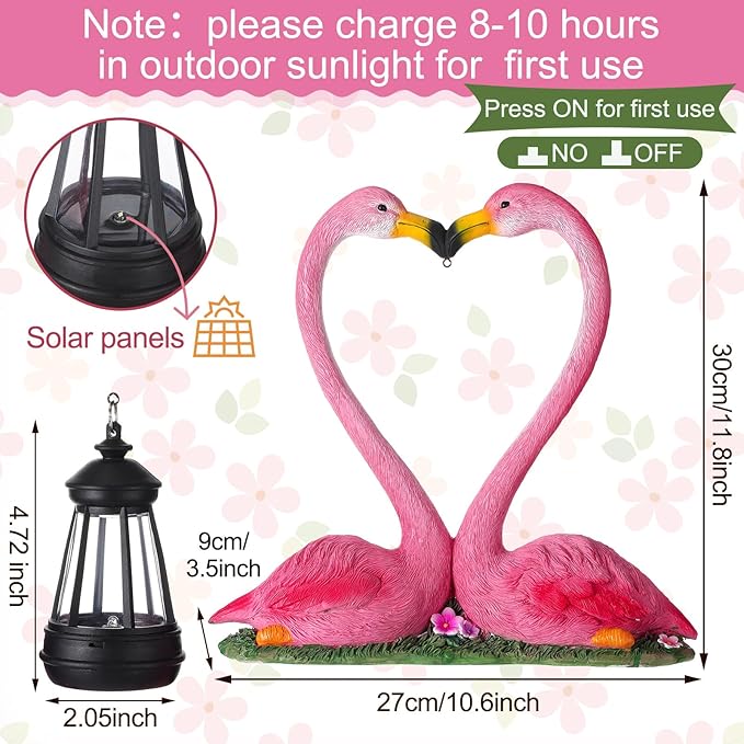 Kiss Flamingo Statue Garden Decor with Solar Lights LED Outdoor Decoration Figurines for Yard Patio, Porch, Home, Flamingo Gift for Mothers Day, Women, Mom, Grandma Anniversary Couple Wife