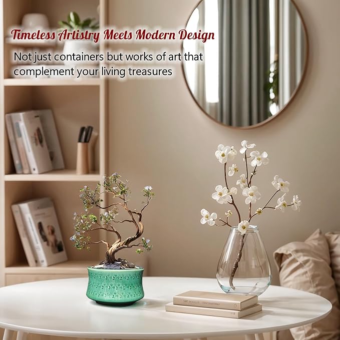 FFPOPU 3-Packs Ceramic Bonsai Pots with Drainage Tray, 6-inch Cute Bonsai Tree Pot with Ice Cracked Glaze, Small Bonsai Planter Pot for Desktop Decoration