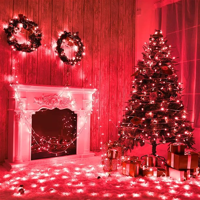 Vivideal 33ft Red Christmas String Lights Outdoor, 100 LED 8 Modes Clear Wire, Connectable Waterproof Plug-in Pink Christmas Tree Decor for Bedroom Indoor Outdoor
