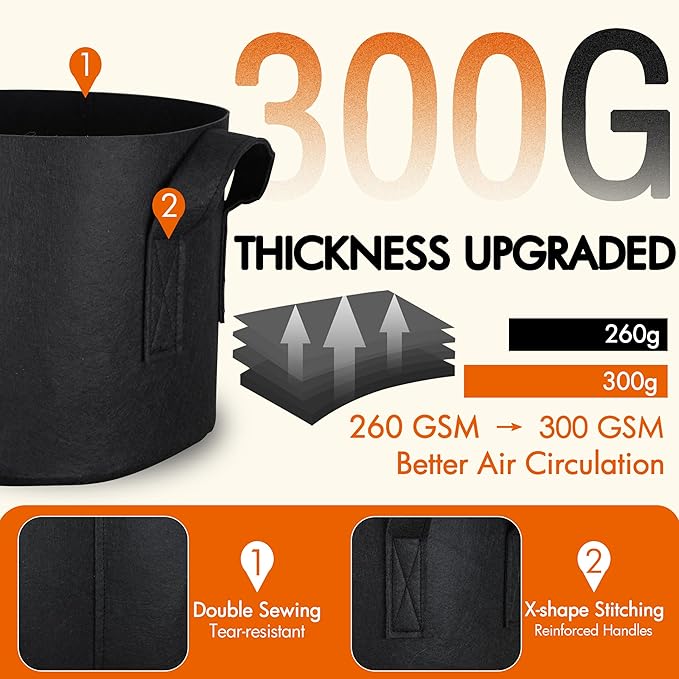Gardzen 10-Pack 25 Gallon Grow Bags, 300G Thickened Aeration Fabric Pots with Handles, Heavy Duty Cloth Pots for Plants
