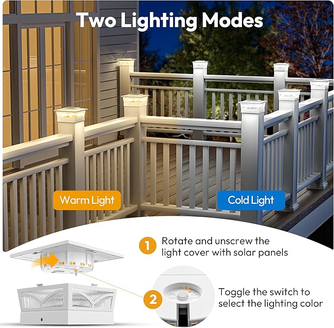 NIORSUN Solar Post Cap Lights Outdoor, 2 Modes LED, Deck Fence Post Solar Lights for 3.5x3.5 4x4 Wood Vinyl, 5x5 Vinyl Caps Patio Garden Decoration, Warm White/Cool White Lighting White 6 Pack