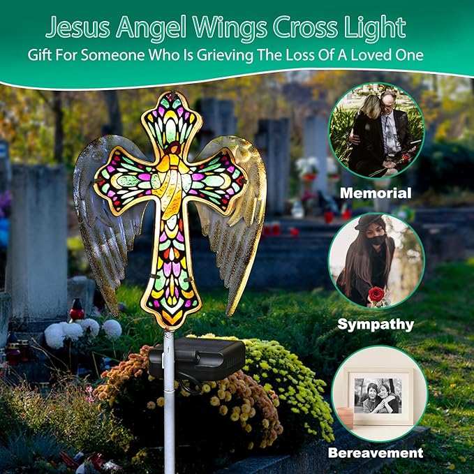 YJFWAL Solar Glass Cross Garden Stake Light, Cemetery Decorations for Grave Outdoor Lights, Jesus Cross Angel Wings Sympathy Memorial Gifts, for Easter Halloween Garden Lawn Yard Patio Decor
