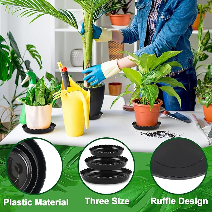 12 Packs Wave Plant Saucer - Plastic Flower Pot Drip Trays/Durable Heavy Duty Black Plant Tray for Indoor and Out Door Plant(6/8/10 inch)