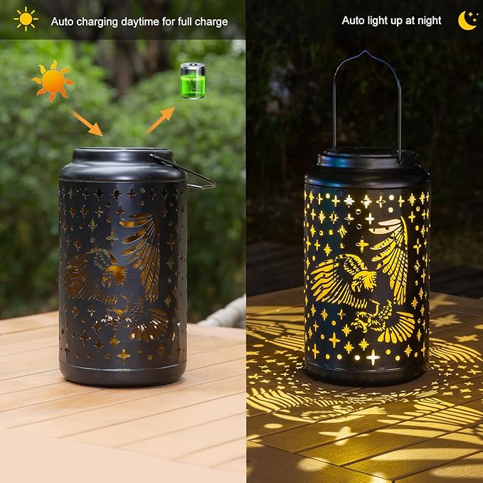 pearlstar Eagle Lantern Outdoor Solar Hanging Lantern Lights Decorative Solar Light Waterproof for Table Patio Yard Garden Lawn Landscape Lighting, Gardening Gifts (Black)