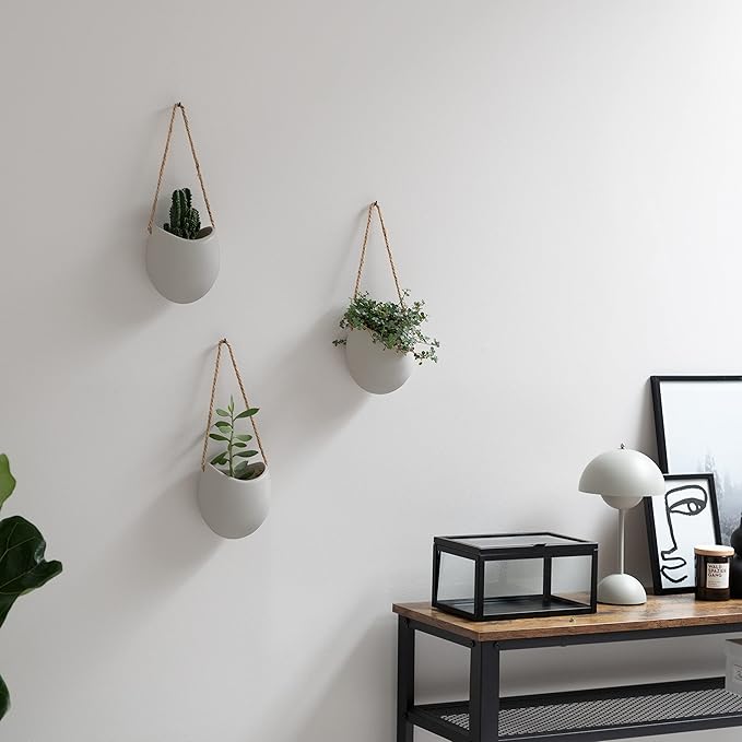 Wall Planters -Ellie- | Hanging Ceramic Plant Pots 3 Pieces | Wall Decoration for Indoors, Balcony and Garden | Light Grey (Matte)