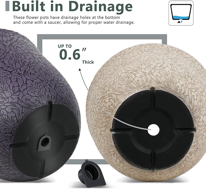 Worth Garden Plastic Round 8" Plant Pots for Indoor Plants - Set of 6 Multicolor Small Flower Pots W/Drainage Hole and Rubber Plug - Home Christmas Decorative planters Retro Floral Pattern