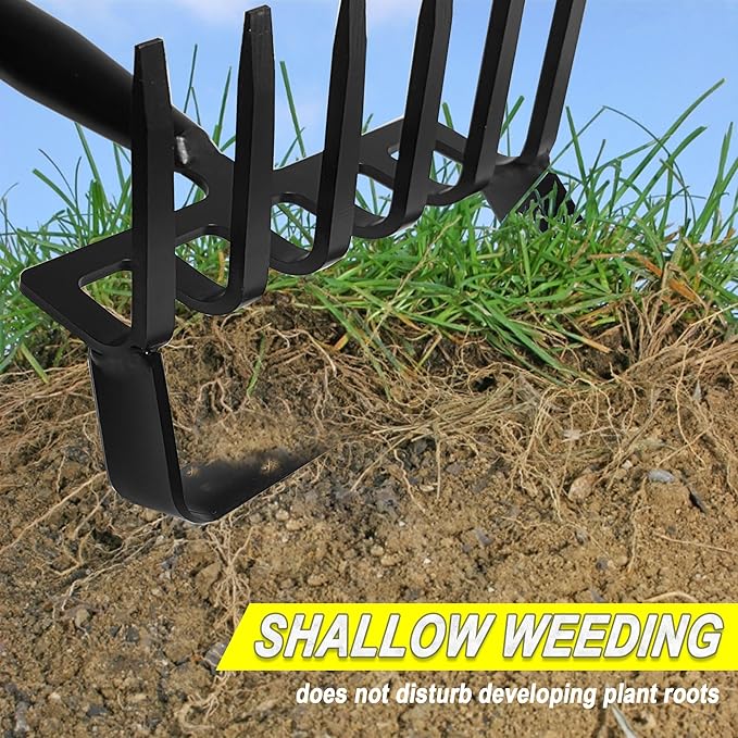 8-Tines Rake and Stirrup Hoe - Adjustable Long Handle Scuffle Loop Hula Action Hoe for Weeding, Digging, Loosening Soil, Stainless Steel Tiller Cultivator for Gardening, Raised Flower Beds Planting.