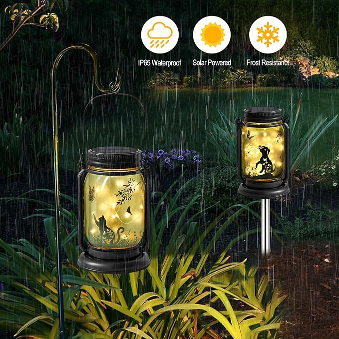 4 Pack Outdoor Hanging Solar Lantern, Cat & Dog Butterfly Theme Vintage Glass Mason Jar Solar Fairy Lights, Gifts for Mom, Father, Waterproof Garden Lights for Patio Yard Lawn Tree Party Decor