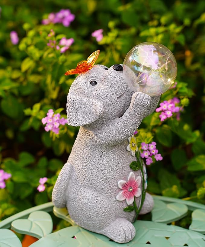 Solar Funny Dog Statue for Garden: Outdoor Sculptures with Ball Lights and Butterfly Clearance Lawn Ornaments Yard Porch Patio Balcony - Gifts for Mom Grandma