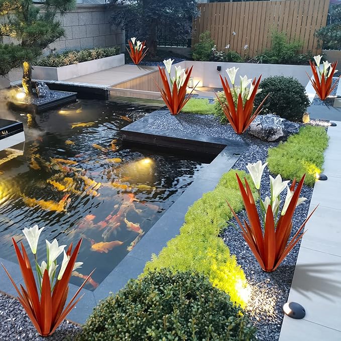 Homight Metal Agave Plant Outdoor Decoration Outdoor Garden Decoration Lily Mexican Yard Art Plant Garden Agave Lily Decorative Garden Gift… (2 Big White Lilies)