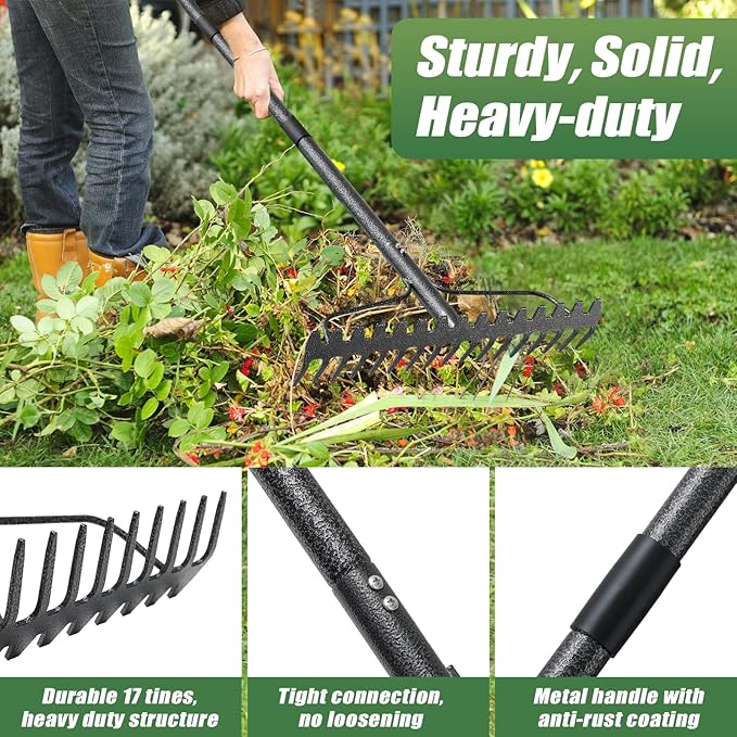 Garden Rake, 6FT Bow Rake Heavy Duty Leveling Rake with Adjustable Handle, 17 Tines Wide Head Metal Thatch Rake for Gardening Leaves Lawn Yard Mulch Rake