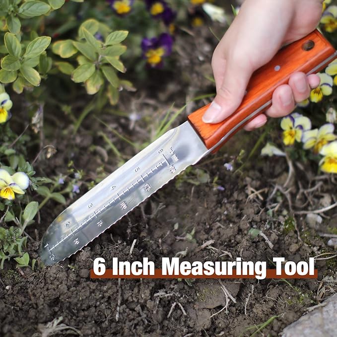 HAUSHOF Hori Hori Garden Knife 7”Stainless Steel Serrated Blade with Cutting Edge, Gardening Tool with Leather Sheath for Weeding, Planting, Digging, Wood Handle with Hanging Hole