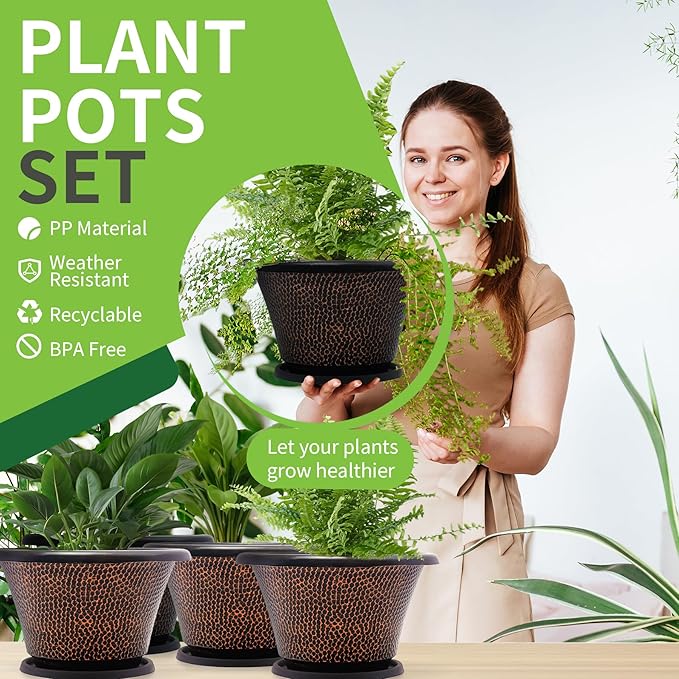 Quarut 12 Inch Pots for Plants,4 Pack Large Flower Pots with Drainage Hole & Saucer,Modern Planters for Indoor Outdoor Plants,Decorative Resin Garden Pots Brown