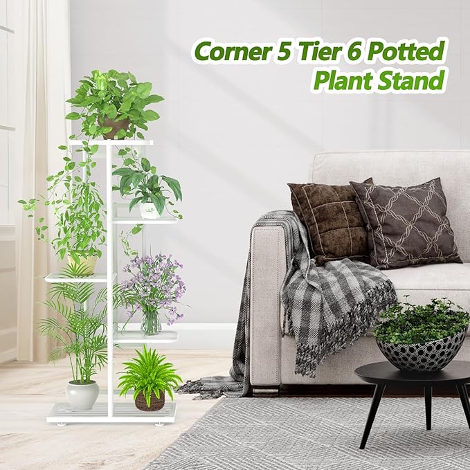 5 Tier 6 Potted Plant Stand Indoor with Gardening Tools and Gloves, Upgraded Corner Tall Metal Plant Shelf Organizer Outdoor, Multiple Flower Pot Holder Display Rack (5 -Tier White)