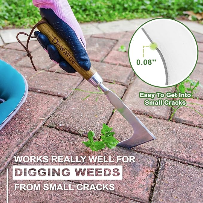 Crack Weeder, L-Shaped Stainless Steel Crevice Weeding Tool, Comfortable Grip Wood Handle Paver Weeder, 11'' Sidewalk Weed Removal Tool for Garden Lawn, Bricked Patio and Terrace Paving Moss