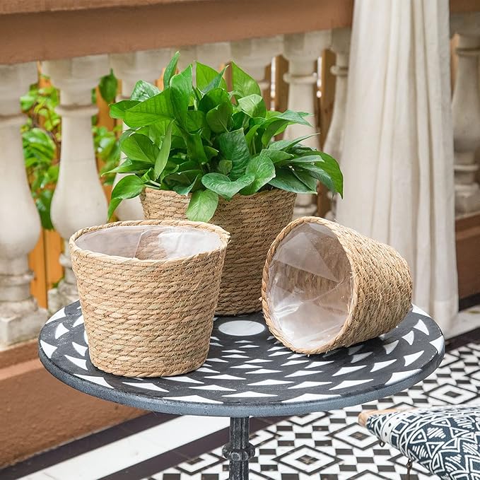 Plant Baskets for Indoor Plants, Seagrass Flower Plant Pots Cover Storage Basket for Organizing,9.8 inch,Brown Set of 3