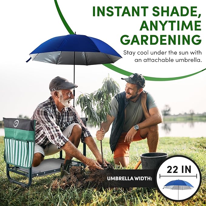 Garden Kneeler Seat Bench-Foldable-Saves Your Back and Knees! Extras Included-SunShade Umbrella (Patented), Wide EVA Foam Pad (10.2"), Folding Table, Potting Mat. Great gift for Everyone, Seniors.