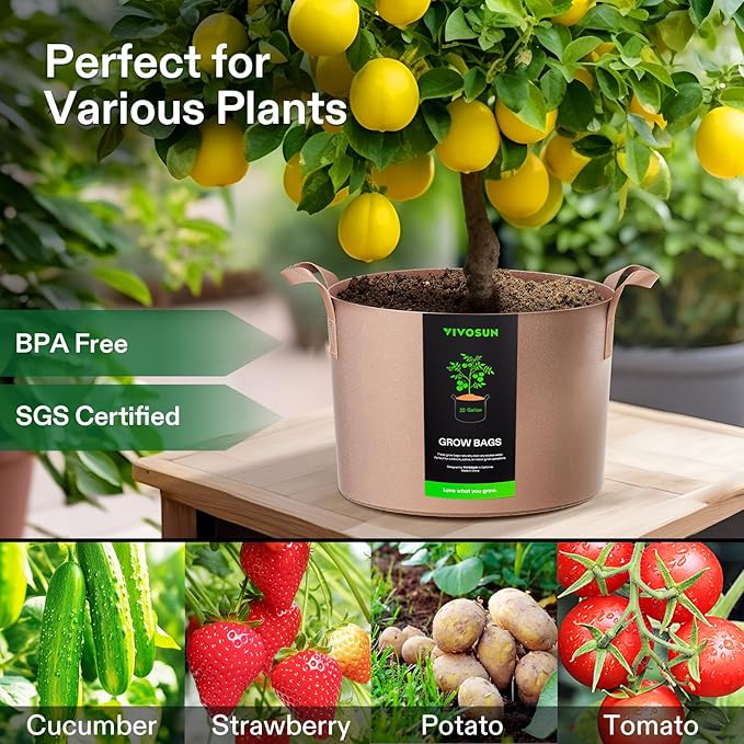 VIVOSUN 5-Pack 20 Gallons Grow Bags Heavy Duty Thickened Nonwoven Fabric Pots with Strap Handles Tan