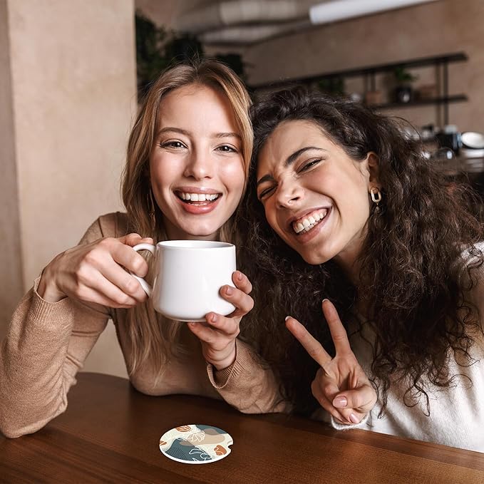 Abstract Flowers Leave Car Coasters,Ceramic Absorbent Cup Holders with Finger Notch & Cork Base Car Assecories for Women/Men 2.6"(2 Pieces)