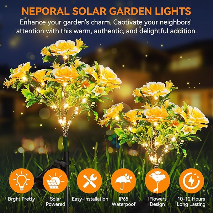 Neporal Solar Lights - Outdoor Decorative Garden Lights with Carnation Flower, Waterproof IP65, Perfect for Outdoor Decorations - Gardening Gifts for Women
