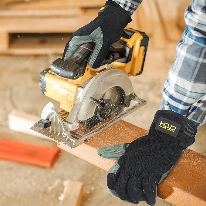 HANDLANDY Men Leather Gardening Gloves, Utility Work Gloves for Mechanics, Construction, Driver, Dexterity Breathable Design