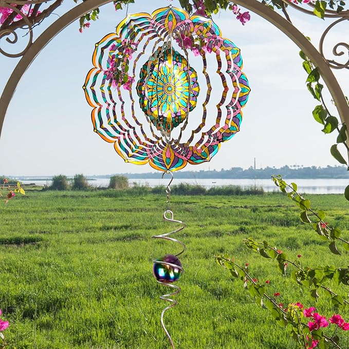 Wind Spinner Purple Tulip Mandala Wind Spinners for Yard & Garden Hanging Wind Sculpture & Spinners 3D Kinetic Metal Art Decor Outdoor Ornament, Fun Mandala Gifts for Women/Mom/Dad/Men/Girl