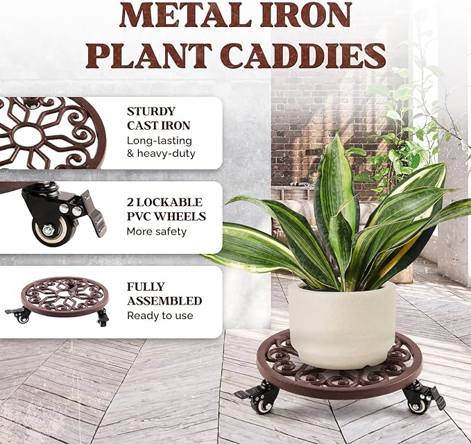 IDZO Heavy Duty Trolley Capacity 350 lbs Planter Caddies with Wheels Heavy Duty Cast Iron Plant Stand with Lockable Wheels Plant Stand 12 Inch Simple Style Dark Brown
