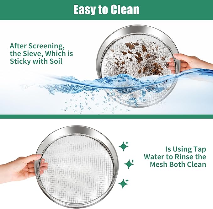 2 Pcs Garden Soil Sifter, Stainless Steel Mesh Screen Dirt Sifter, Sifting Pan-Sieve for Sand Rocks Dirt Compost, 1/4" and 1/8" Mesh