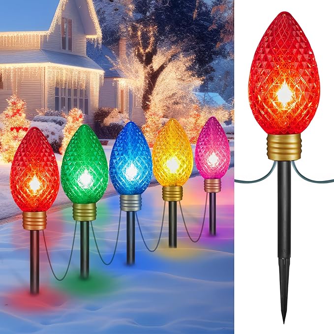 Brightown Super Jumbo C9 Christmas Pathway Lights Outdoor - 11 Feet 5 LED Strawberry Jumbo C9 Pathway Lights, Giant Christmas Lights Outdoor Decorations for Lawn Holiday Yard Outside, Multicolor