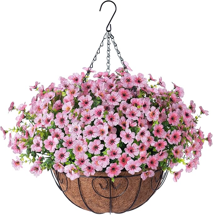 Artificial Fake Hanging Plants Flowers with Basket Outdoor Spring Decor, Faux Silk Pink Daisy in Pot Planter Realistic UV Resistant for Porch Home Indoor Patio Balcony Garden Yard