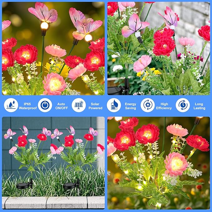 Solar Garden Lights,Solar Lights Outdoor Waterproof with Butterfly Flower,2 Pack Solar Powered Outdoor Lights,Solar Lights for Outside,Garden Lights Patio Yard Decor,Gifts for Mothers Day Mom Women
